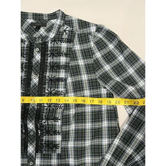 J. Crew Women Beaded Embellished Forest Green Tartan Plaid Shirt Small Sequin - Picture 6 of 14